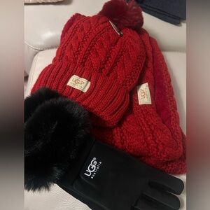 Stay warm and cozy UGG Red Hat & Scarf with Black Fur-Trimmed Gloves set